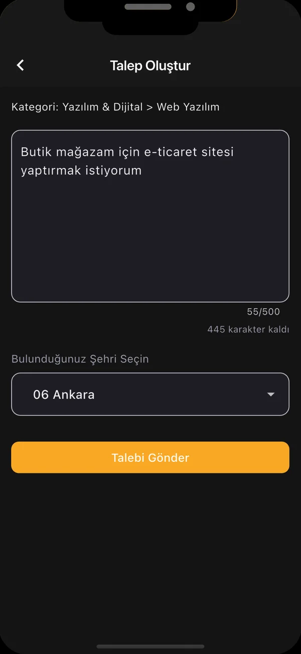 Ayarlarız talep oluşturma ekranı