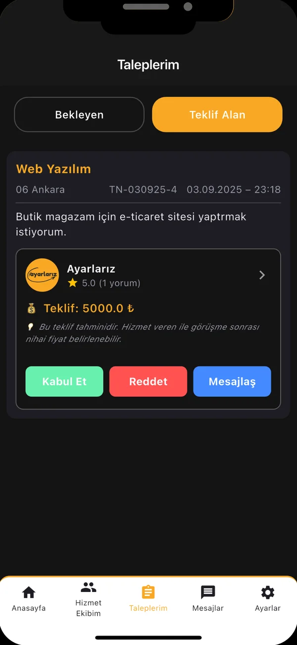 Ayarlarız gelen teklifler ekranı