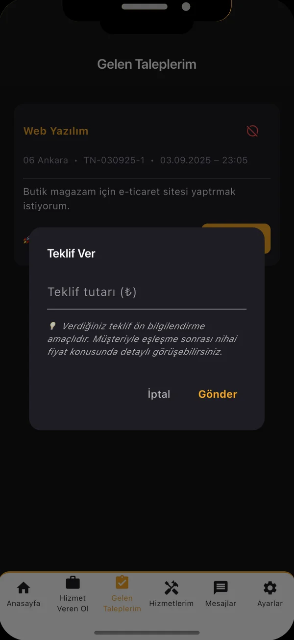 Ayarlarız teklif verme ekranı